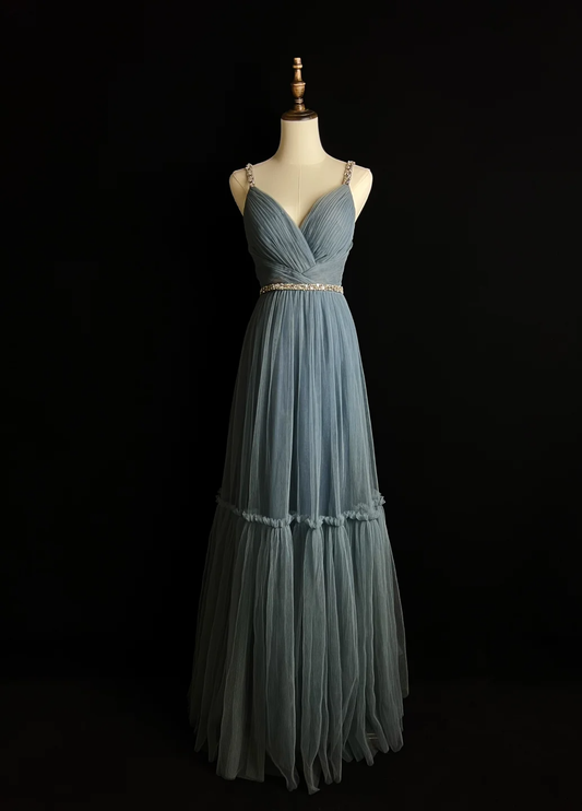Elegante vestido de fiesta largo de tul azul grisáceo con tirantes finos en forma de A, vestido de noche GG2730