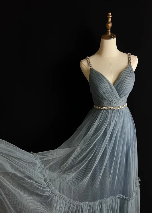 Elegante vestido de fiesta largo de tul azul grisáceo con tirantes finos en forma de A, vestido de noche GG2730