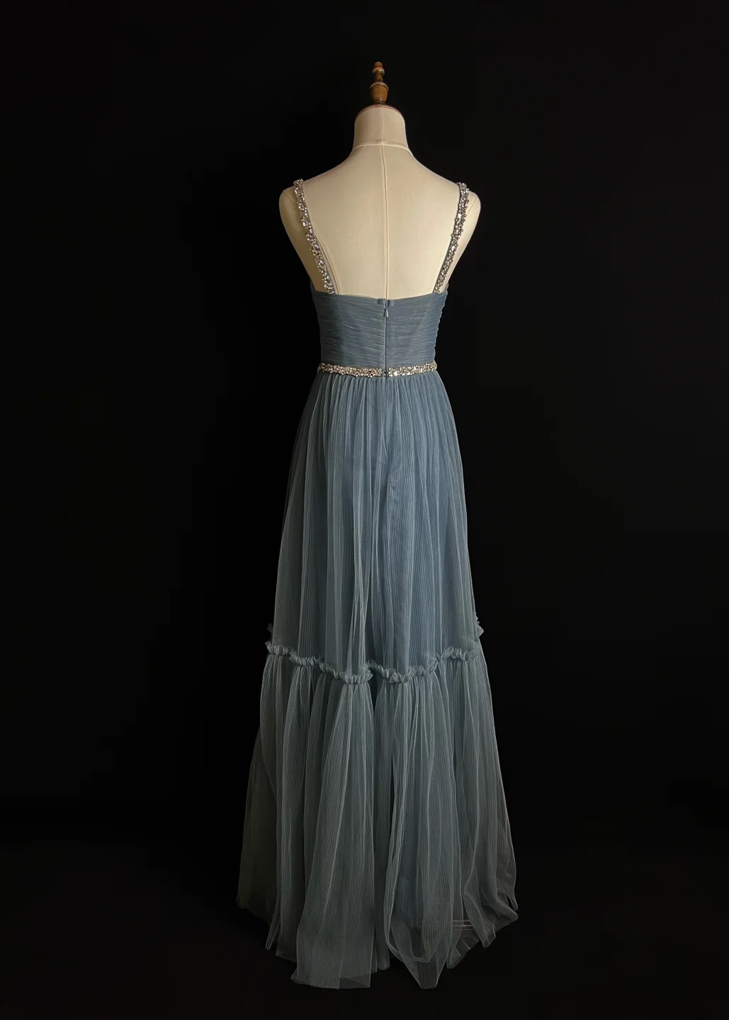 Elegante vestido de fiesta largo de tul azul grisáceo con tirantes finos en forma de A, vestido de noche GG2730
