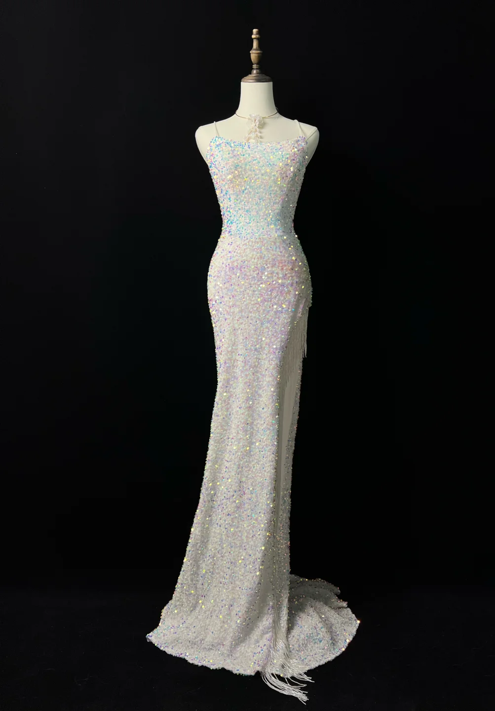 Vestido largo de fiesta, de sirena, con tirantes finos, lentejuelas, abertura y borlas, para graduación, noche, GG2732
