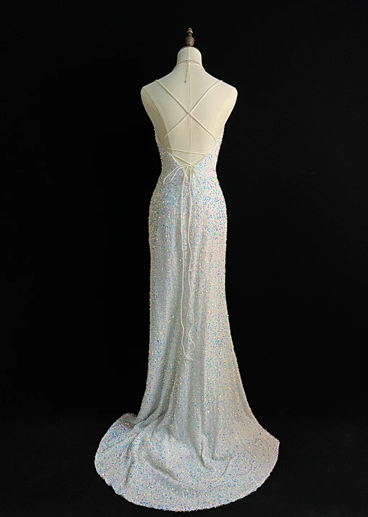 Vestido largo de fiesta, de sirena, con tirantes finos, lentejuelas, abertura y borlas, para graduación, noche, GG2732