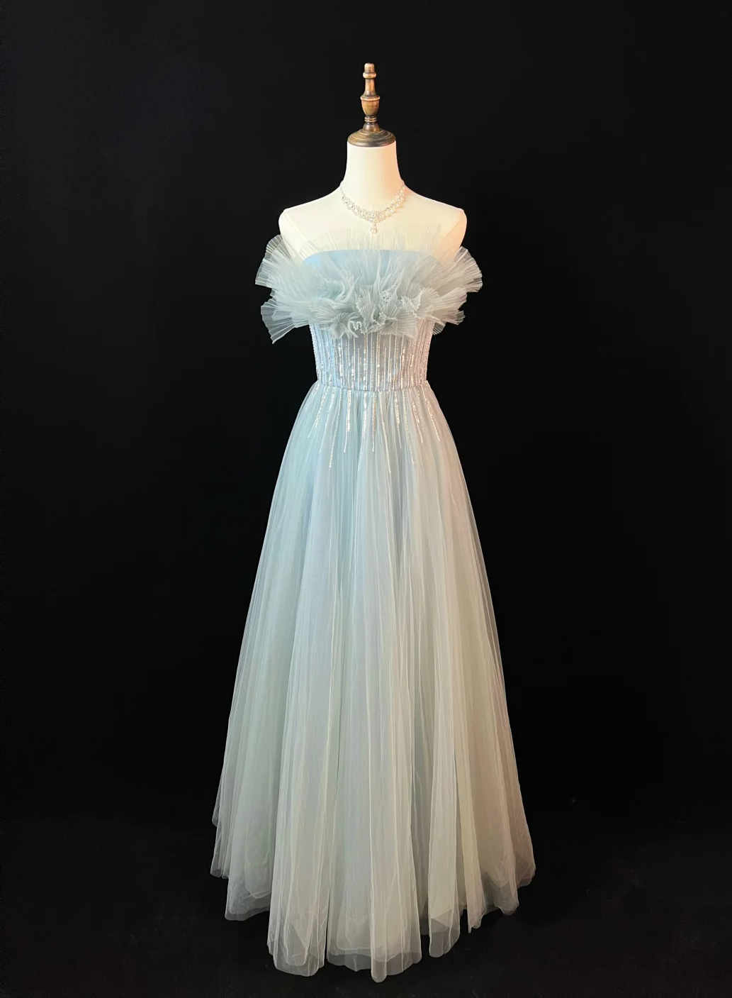 Vestido largo de fiesta, de noche, de satén, tul y lentejuelas, sin tirantes, corte A, GG2733