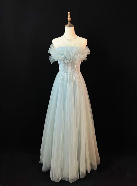 Vestido largo de fiesta, de noche, de satén, tul y lentejuelas, sin tirantes, corte A, GG2733
