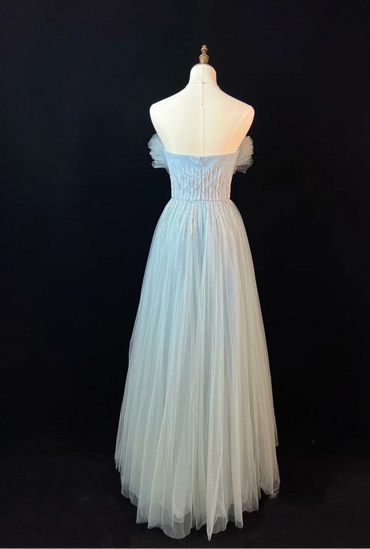 Vestido largo de fiesta, de noche, de satén, tul y lentejuelas, sin tirantes, corte A, GG2733
