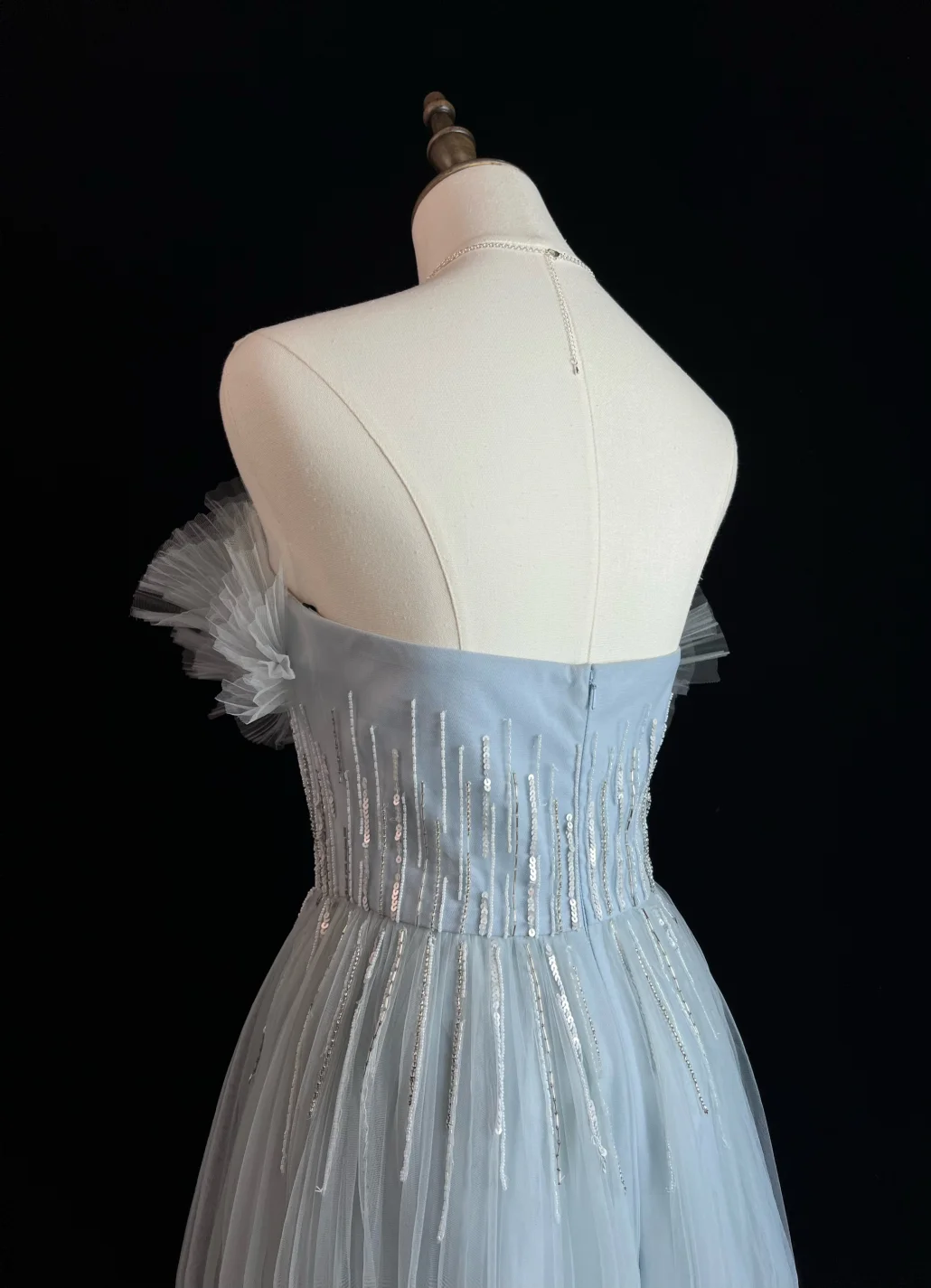 Vestido largo de fiesta, de noche, de satén, tul y lentejuelas, sin tirantes, corte A, GG2733