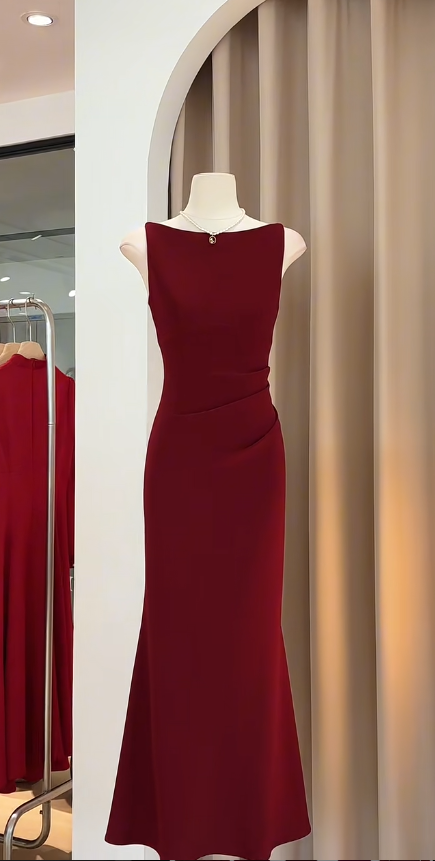 Elegante vestido de fiesta largo plisado de satén burdeos con escote barco y corte sirena, vestido de fiesta o de noche GG2734