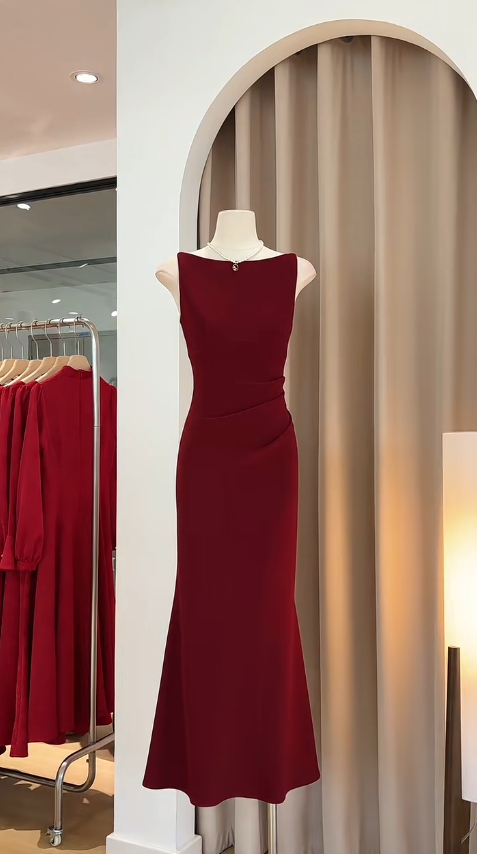 Elegante vestido de fiesta largo plisado de satén burdeos con escote barco y corte sirena, vestido de fiesta o de noche GG2734