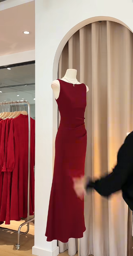 Elegante vestido de fiesta largo plisado de satén burdeos con escote barco y corte sirena, vestido de fiesta o de noche GG2734