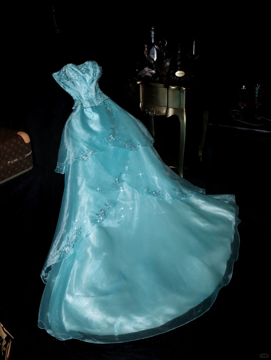 Vestido de fiesta largo de satén azul claro con cuentas bordadas, corte A, sin tirantes, de gasa, GG2735
