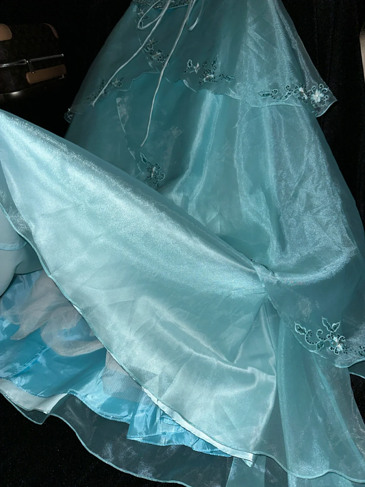 Vestido de fiesta largo de satén azul claro con cuentas bordadas, corte A, sin tirantes, de gasa, GG2735