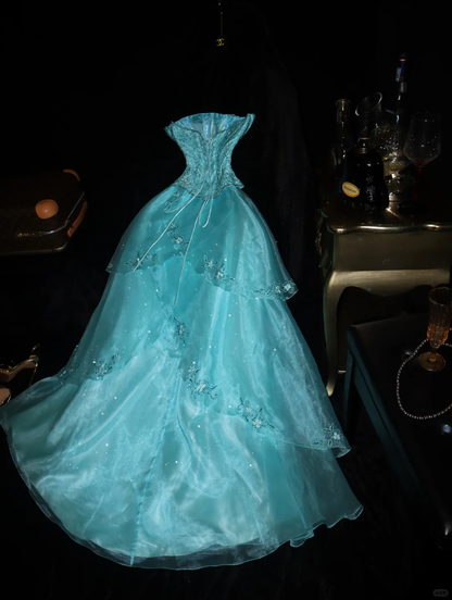 Vestido de fiesta largo de satén azul claro con cuentas bordadas, corte A, sin tirantes, de gasa, GG2735