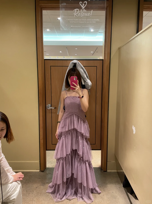 Vestido largo de fiesta, de noche y de satén morado polvoriento con tirantes finos, corte A, con capas y tul, GG2736