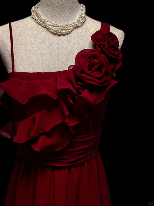 Elegante vestido largo de fiesta, de noche y de gasa burdeos con tirantes finos, corte A, flores, GG2737