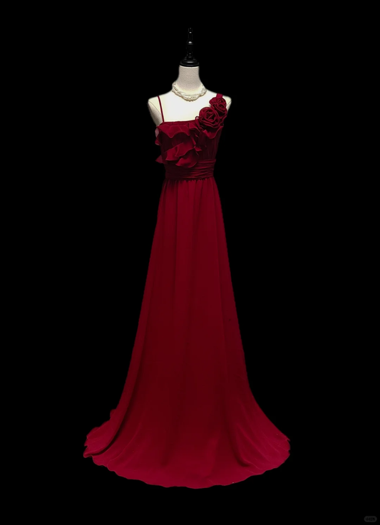 Elegante vestido largo de fiesta, de noche y de gasa burdeos con tirantes finos, corte A, flores, GG2737