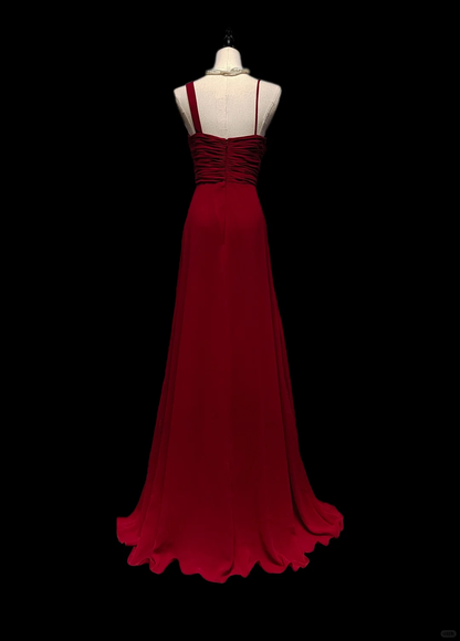 Elegante vestido largo de fiesta, de noche y de gasa burdeos con tirantes finos, corte A, flores, GG2737