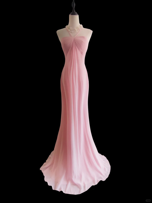 Vestido largo de gasa rosa con cuello halter y corte sirena, ideal para fiesta de graduación o de noche (GG2738)