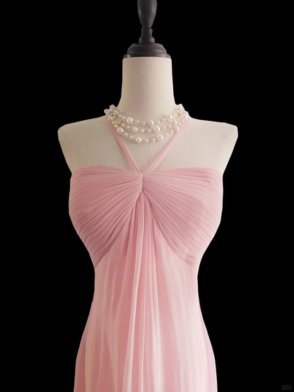 Vestido largo de gasa rosa con cuello halter y corte sirena, ideal para fiesta de graduación o de noche (GG2738)