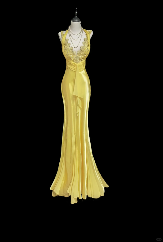 Vestido de fiesta largo de satén amarillo con escote en V y corte sirena, elegante, para graduación, noche o cualquier ocasión especial, GG2739