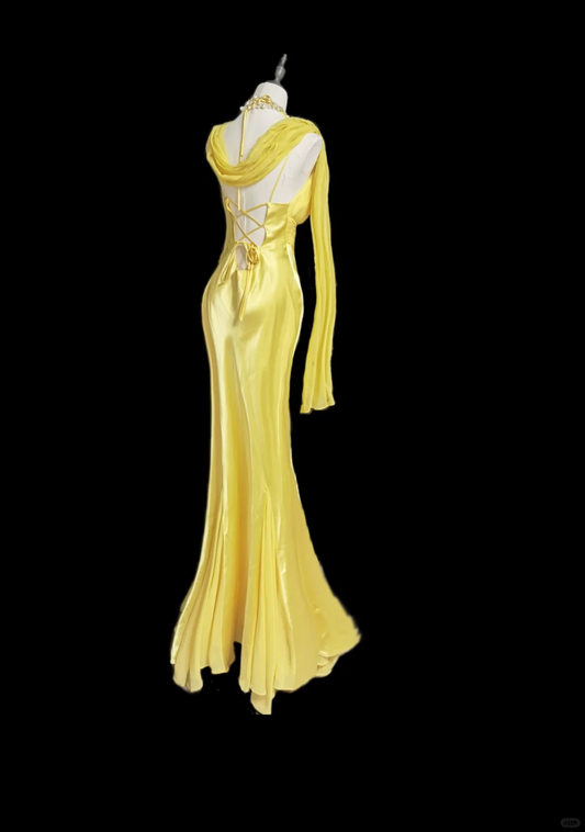 Vestido de fiesta largo de satén amarillo con escote en V y corte sirena, elegante, para graduación, noche o cualquier ocasión especial, GG2739