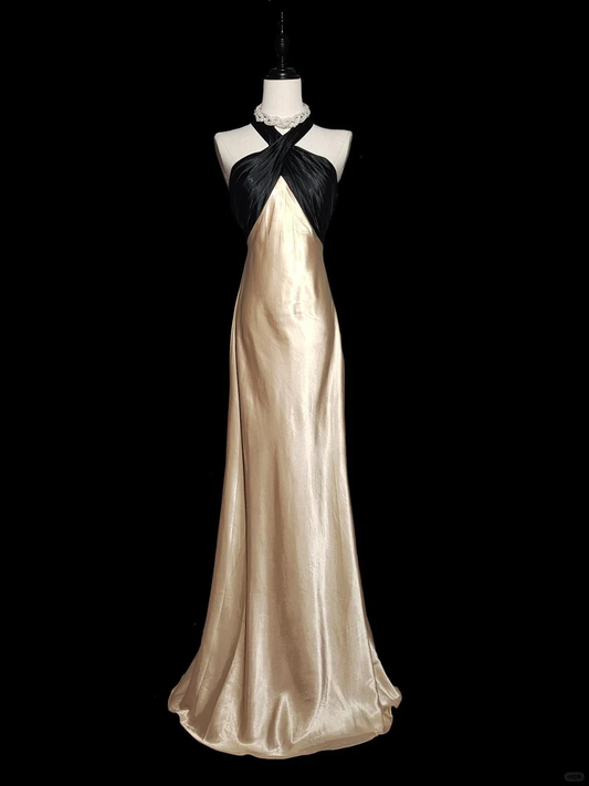 Vestido de fiesta vintage de satén con escote halter y espalda descubierta, estilo sirena, GG2740