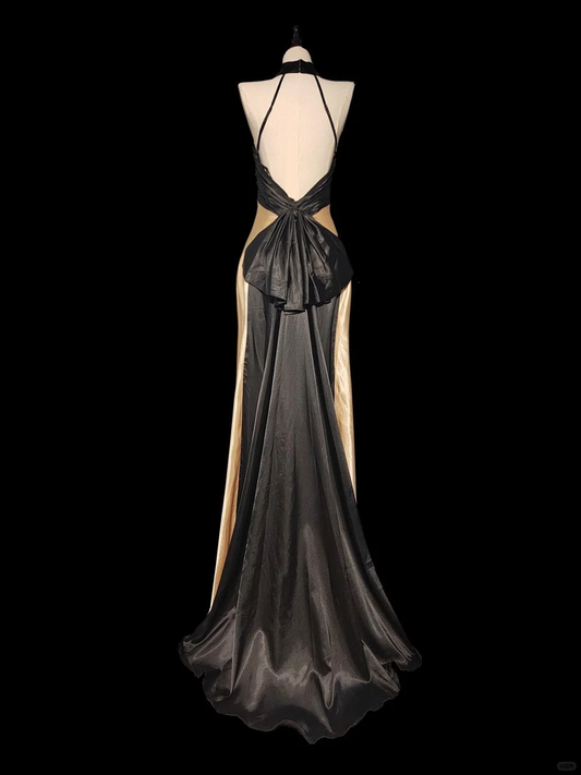 Vestido de fiesta vintage de satén con escote halter y espalda descubierta, estilo sirena, GG2740