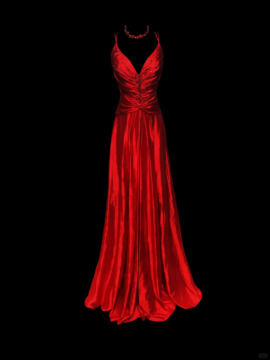 Vestido largo de satén rojo con tirantes finos, corte A, con cuentas, para fiesta de graduación o de noche (GG2741)