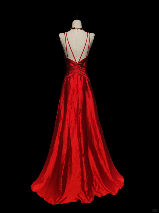 Vestido largo de satén rojo con tirantes finos, corte A, con cuentas, para fiesta de graduación o de noche (GG2741)