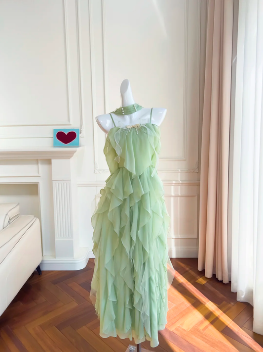 Vestido largo de fiesta, de noche y de gasa color salvia con tirantes finos, corte A, volantes, GG2743
