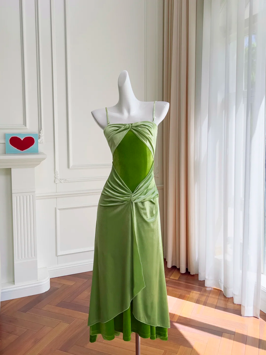 Elegante vestido largo de fiesta de terciopelo verde con tirantes finos y corte sirena, vestido de noche GG2745
