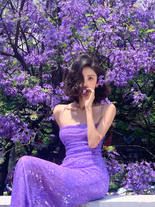 Vestido largo de sirena con tirantes finos y lentejuelas moradas, para fiesta de graduación o de noche, GG2757