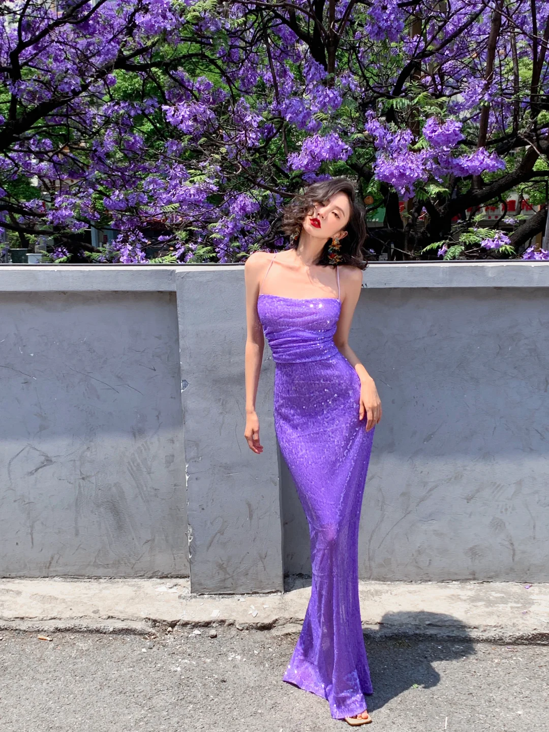 Vestido largo de sirena con tirantes finos y lentejuelas moradas, para fiesta de graduación o de noche, GG2757