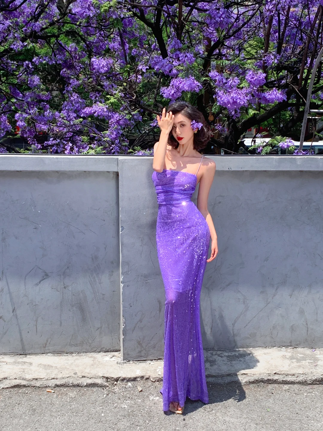 Vestido largo de sirena con tirantes finos y lentejuelas moradas, para fiesta de graduación o de noche, GG2757