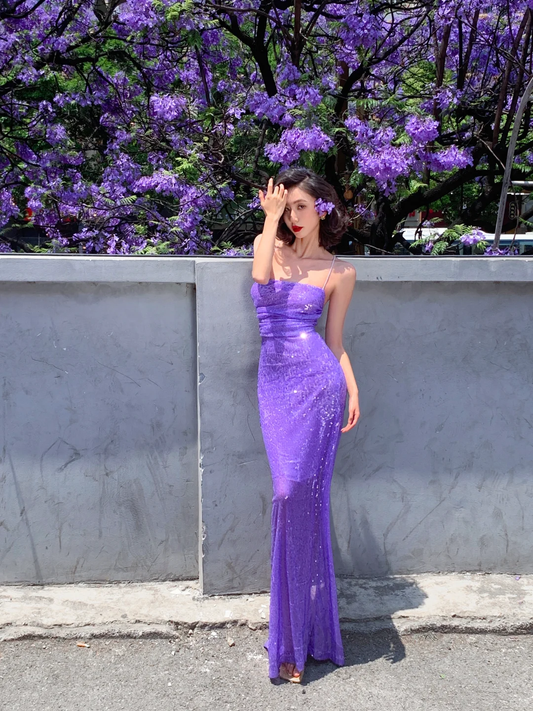 Vestido largo de sirena con tirantes finos y lentejuelas moradas, para fiesta de graduación o de noche, GG2757
