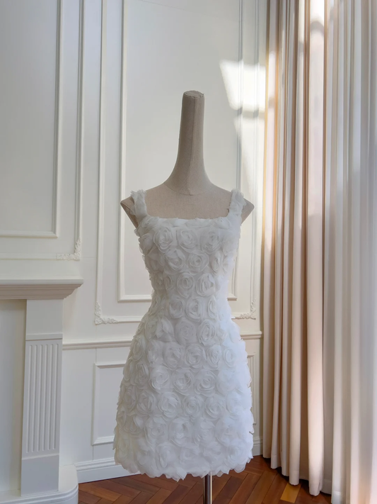 Vestido corto de fiesta, de satén blanco, con corte en A y flores, de gasa y satén, para regreso a casa y cumpleaños, GG2758