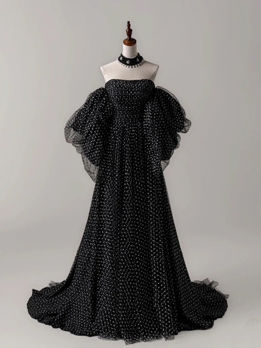 Vestido de fiesta largo elegante de tul negro con lunares, corte A, sin tirantes y hombros descubiertos, vestido de noche GG275