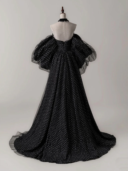 Vestido de fiesta largo elegante de tul negro con lunares, corte A, sin tirantes y hombros descubiertos, vestido de noche GG275
