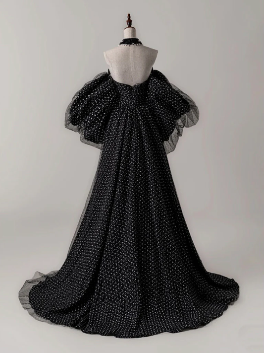 Vestido de fiesta largo elegante de tul negro con lunares, corte A, sin tirantes y hombros descubiertos, vestido de noche GG275