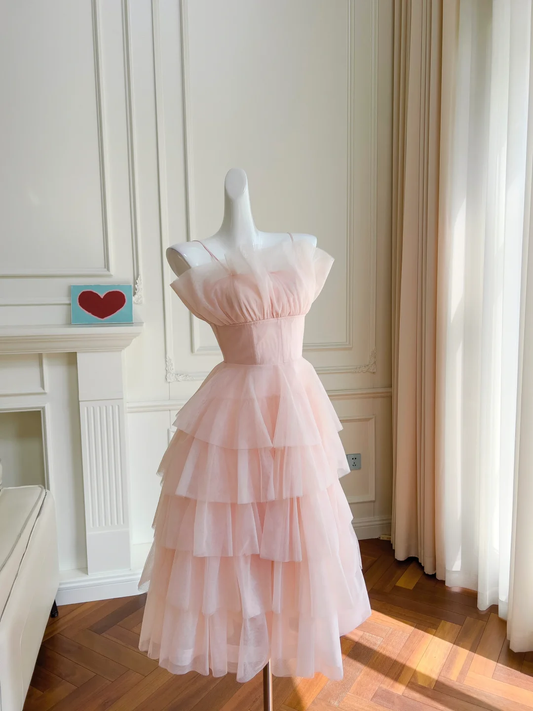 Elegante vestido de fiesta, de noche y de satén rosa suave con tirantes finos, corte A, largo hasta la rodilla, GG2760