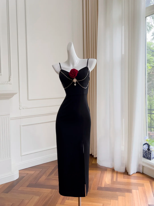 Vestido de fiesta largo de satén negro con tirantes finos y corte sirena, elegante, con aberturas, para graduación, noche, GG2762