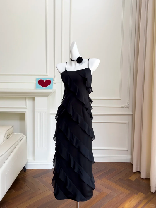 Elegante vestido largo de fiesta, de noche y de satén negro con tirantes finos y volantes, corte A, GG2763