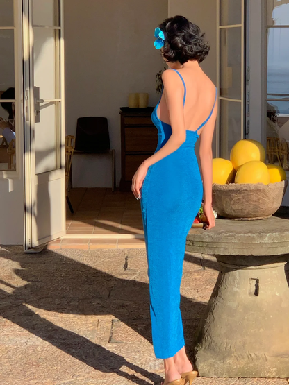Hermoso vestido de fiesta largo de satén azul con tirantes finos y corte sirena, GG2764
