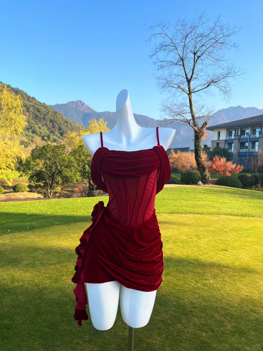 Vestido de fiesta corto vintage de terciopelo burdeos con tirantes finos, corte A, para regreso a casa y cumpleaños GG2765