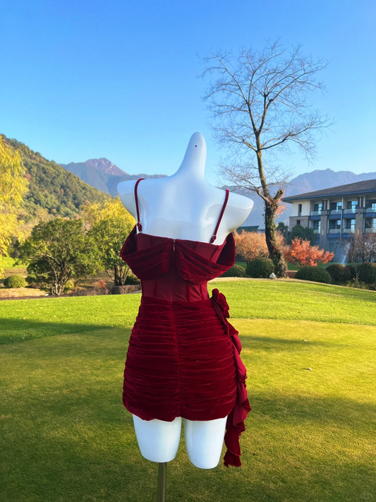 Vestido de fiesta corto vintage de terciopelo burdeos con tirantes finos, corte A, para regreso a casa y cumpleaños GG2765
