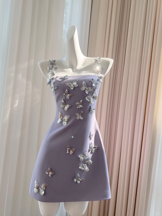 Vestido de fiesta corto de satén lila con tirantes finos y apliques, corte en A, para regreso a casa y cumpleaños, GG2767
