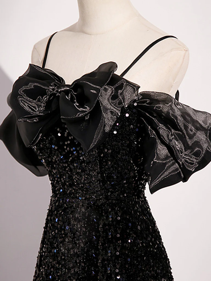 Vestido de fiesta largo de tul con lentejuelas y lazo negro, corte A, hombros descubiertos, brillante, vestido de noche GG277