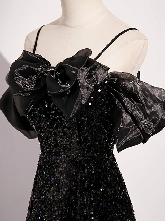 Vestido de fiesta largo de tul con lentejuelas y lazo negro, corte A, hombros descubiertos, brillante, vestido de noche GG277
