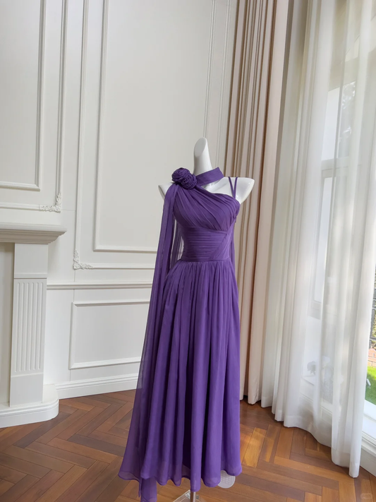 Vestido largo vintage de gasa morada, corte A, para fiesta de graduación o de noche, GG2770