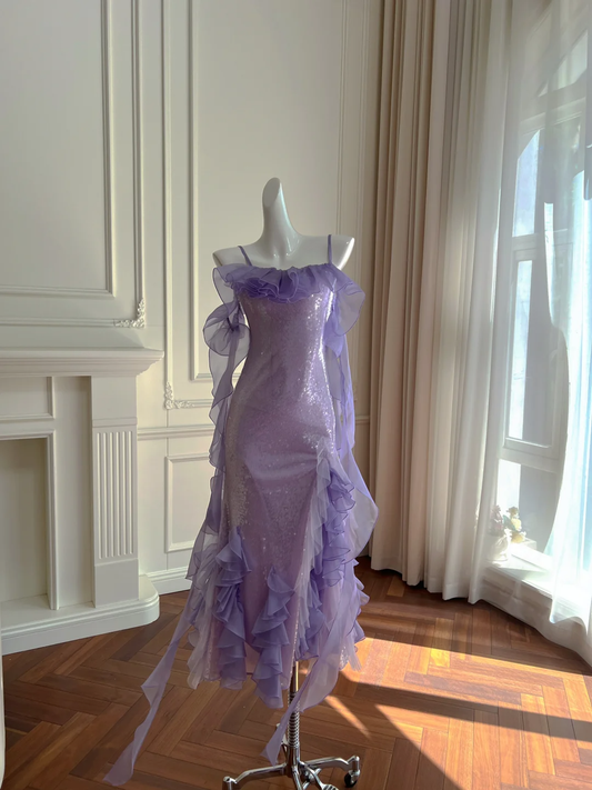 Elegante vestido de fiesta largo de gasa con lentejuelas lila y tirantes finos de sirena, vestido de fiesta, vestido de noche GG2771