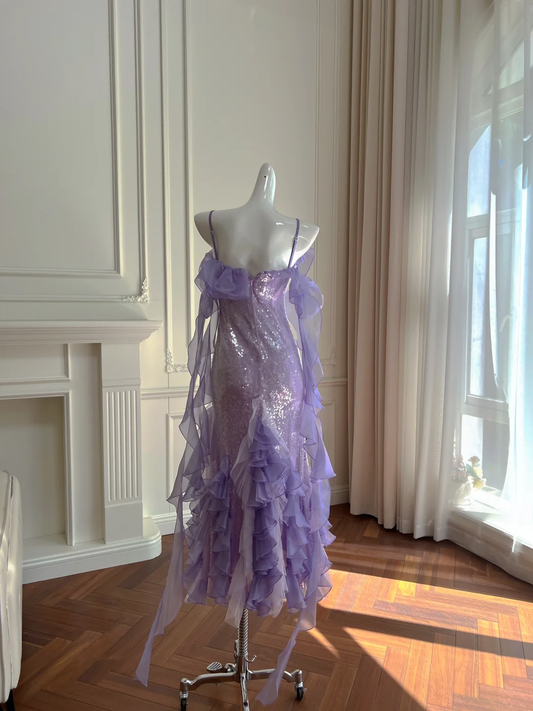 Elegante vestido de fiesta largo de gasa con lentejuelas lila y tirantes finos de sirena, vestido de fiesta, vestido de noche GG2771