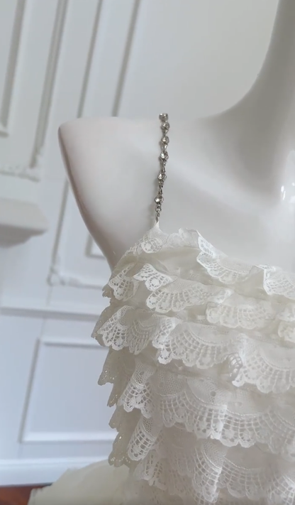 Hermoso vestido de fiesta largo con tirantes finos, encaje blanco, tul y cuentas, vestido de fiesta, vestido de noche GG2772